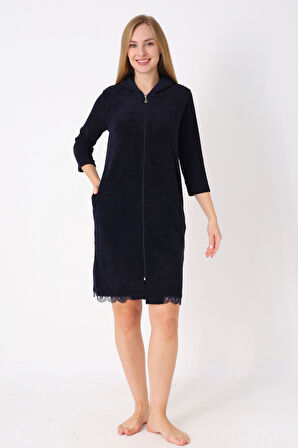 Kapüşonlu Fermuarlı Cepli Taşlı Truvakar Kollu Pamuklu Havlu Elbise