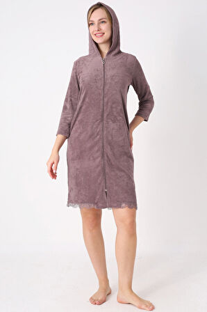 Kapüşonlu Fermuarlı Cepli Taşlı Truvakar Kollu Pamuklu Havlu Elbise