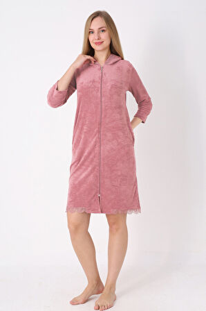 Kapüşonlu Fermuarlı Cepli Taşlı Truvakar Kollu Pamuklu Havlu Elbise