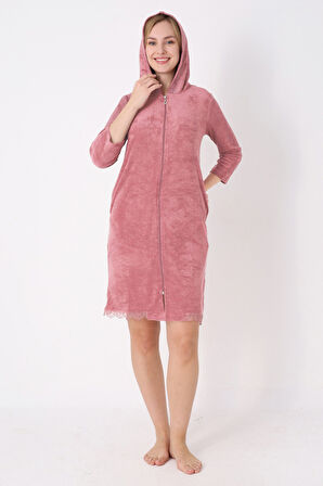 Kapüşonlu Fermuarlı Cepli Taşlı Truvakar Kollu Pamuklu Havlu Elbise