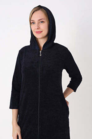 Kapüşonlu Fermuarlı Cepli Taşlı Truvakar Kollu Pamuklu Havlu Elbise