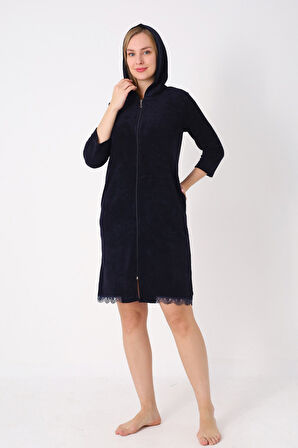 Kapüşonlu Fermuarlı Cepli Taşlı Truvakar Kollu Pamuklu Havlu Elbise