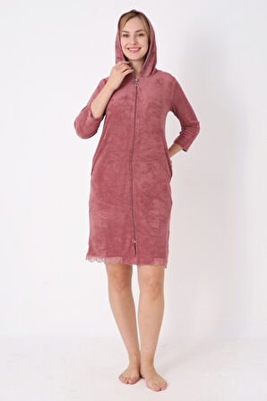 Kapüşonlu Fermuarlı Cepli Taşlı Truvakar Kollu Pamuklu Havlu Elbise