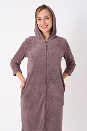 Kapüşonlu Fermuarlı Cepli Taşlı Truvakar Kollu Pamuklu Havlu Elbise