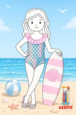 Kız Çocuk Mermaid Desenli Fırfırlı Mayo