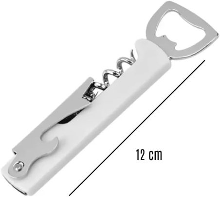 Beyaz Metal Çok Fonksiyonlu Şişe ve Tirbuşon Açacak – 12 cm | 3’ü 1 Arada Şık ve Dayanıklı Tasarım