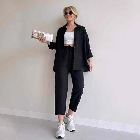 Barbora Keten Günlük İkili Takım Elbise Pantolon Gömlek Ln21siyah5