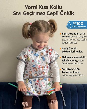 Family 3-6 Yaş Kısa Kollu Sıvı Geçirmez Önlük, Makinede Yıkanabilir, Boya, Oyun ve Yemek Zamanı