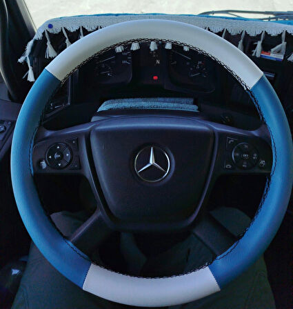 DİKİŞLİ DİREKSİYON KILIFI AÇIK MAVİ DERİ KREM DERİ SİYAH DİKİŞLİ YENİ MERCEDES TIR KAMYON
