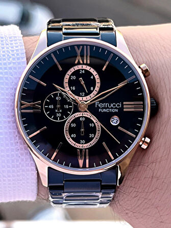 Ferrucci İç Fonksiyonları Aktif Takvim Ve Gün 30mt Suya Dayanıklı Çelik Kordon Erkek Kol Saati VS.BLKT.0454