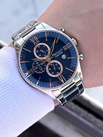 Ferrucci İç Fonksiyonları Aktif Takvim Ve Gün 30mt Suya Dayanıklı Çelik Kordon Erkek Kol Saati VS.BLKT.0456