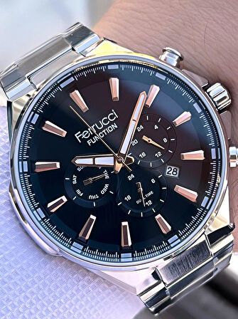 Ferrucci İç Fonksiyonları Aktif Takvim Ve Gün 30mt Suya Dayanıklı Çelik Kordon Erkek Kol Saati VS.BLKT.0459