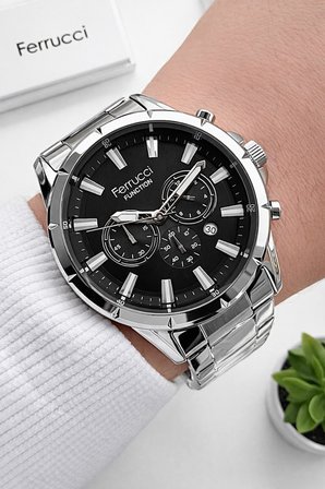 Ferrucci İç Fonksiyonları Aktif 30mt Suya Dayanıklı Çelik Kordon + Bileklik Hediyeli Erkek Kol Saati VS.BLKT.0960