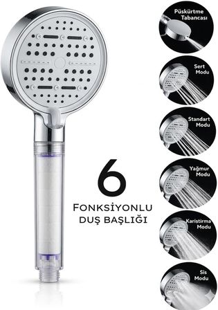 Multi 6 Fonksiyonlu Spa Etkili Filtreli Duş Başlığı Yüksek Basınçlı Su Tasarruflu Klor ve Kireç Önleyici El Duşu, Handshower (Art Deco)