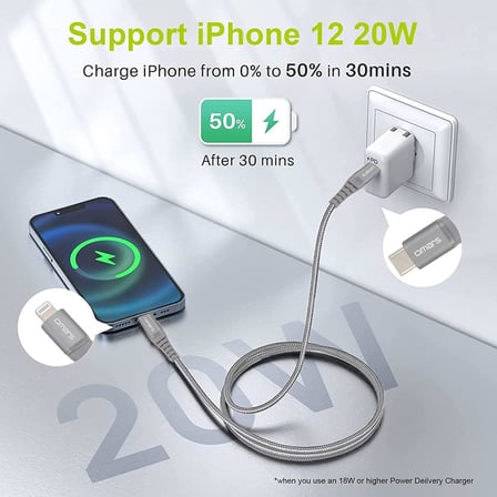 iPhone Type-C to Lightning Örgülü Hızlı Şarj ve Data Kablosu 1 Metre Gri