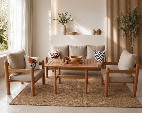 Truva Masif Ahşap Bahçe Balkon Koltuk Gürgen Ağacı 3+1+1 Koltuk, Masa  Takımı