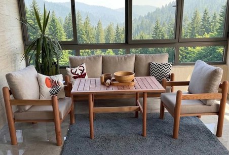 Truva Masif Ahşap Bahçe Balkon Koltuk Gürgen Ağacı 3+1+1 Koltuk, Masa  Takımı