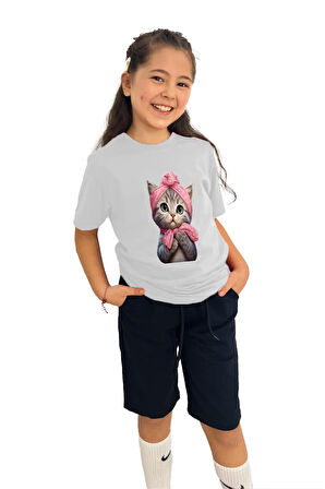 Kedi Baskılı Kız Çocuk Tişört | %100 Pamuk, Şık ve Rahat