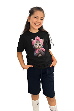 Kedi Baskılı Kız Çocuk Tişört | %100 Pamuk, Şık ve Rahat