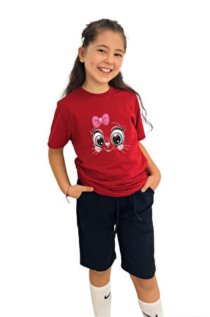 Tatlı Kedi Baskılı Kız Çocuk Tişört | %100 Pamuk, Şık ve Rahat