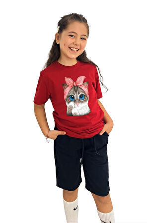 Sevimli kedi Baskılı Kız Çocuk Tişört | %100 Pamuk, Şık ve Rahat