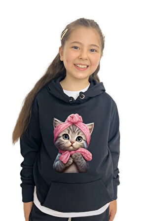 Sevimli Kedi Baskılı Kız Sweatshirt Tişört Eşofman 3'lü Takım – Rahat Ve Şık Tasarım