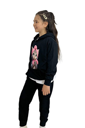 Sevimli Kedi Baskılı Kız Sweatshirt Tişört Eşofman 3'lü Takım – Rahat Ve Şık Tasarım