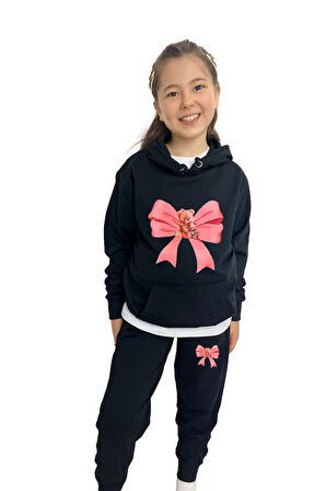 Kurdele Baskılı Kız Sweatshirt Tişört Eşofman 3'lü Takım – Rahat Ve Şık Tasarım