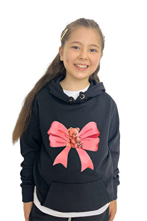 Kurdele Baskılı Kız Sweatshirt Tişört Eşofman 3'lü Takım – Rahat Ve Şık Tasarım