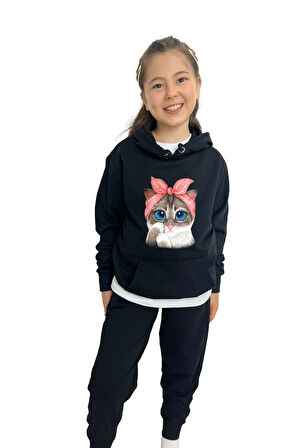 Kedi Kız Sweatshirt Tişört Eşofman 3'lü Takım – Rahat Ve Şık Tasarım
