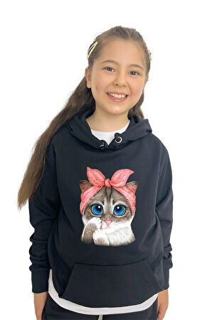 Kedi Kız Sweatshirt Tişört Eşofman 3'lü Takım – Rahat Ve Şık Tasarım