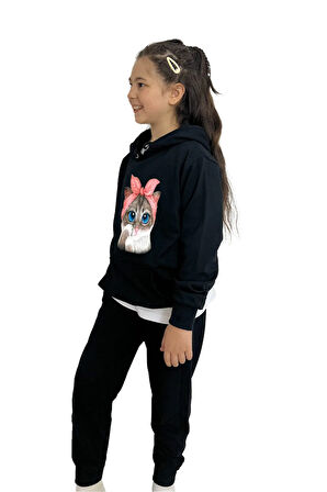 Kedi Kız Sweatshirt Tişört Eşofman 3'lü Takım – Rahat Ve Şık Tasarım