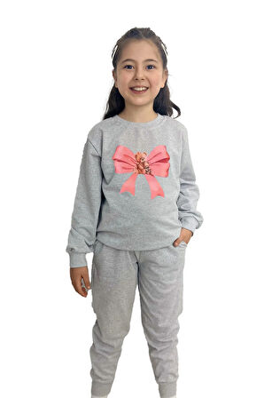 Kurdele Baskılı Alt Üst Mevsimlik Gri Takım -Kız Çocuk İçin Şık ve Rahat