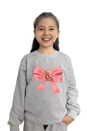 Kurdele Baskılı Alt Üst Mevsimlik Gri Takım -Kız Çocuk İçin Şık ve Rahat