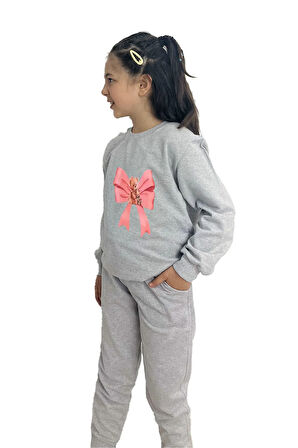Kurdele Baskılı Alt Üst Mevsimlik Gri Takım -Kız Çocuk İçin Şık ve Rahat
