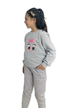 Kedi Gözü Baskılı Alt Üst Mevsimlik Gri Takım