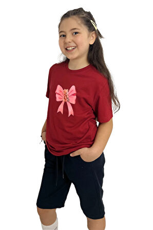 Kurdele Baskılı kız Çocuk Tişört ve Şort Takımı | %100 Pamuk, Şık ve Rahat