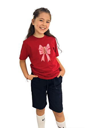 Kurdele Baskılı kız Çocuk Tişört ve Şort Takımı | %100 Pamuk, Şık ve Rahat