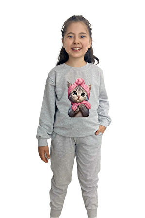 Kedicik Baskılı Alt Üst Mevsimlik Gri Takım -Kız Çocuk İçin Şık ve Rahat