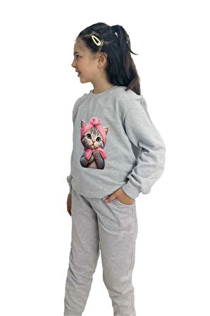 Kedicik Baskılı Alt Üst Mevsimlik Gri Takım -Kız Çocuk İçin Şık ve Rahat