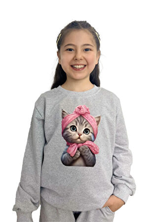 Kedicik Baskılı Alt Üst Mevsimlik Gri Takım -Kız Çocuk İçin Şık ve Rahat