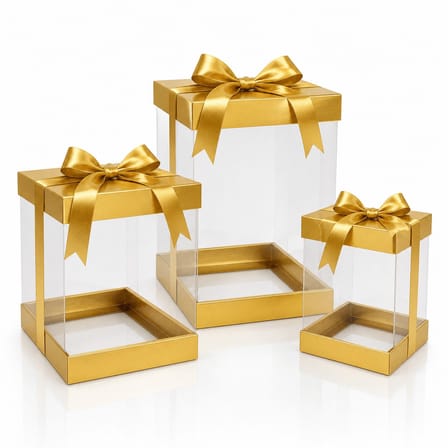 3’lü Gold Asetat Gelin Damat Bohçası ve Çeyiz Kutusu Seti – Şeffaf Hediye Kutusu