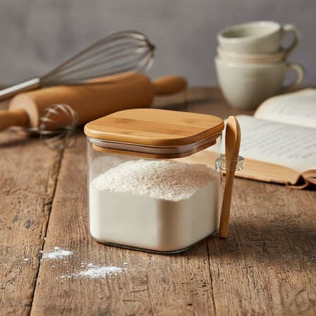 600 ml Bambu Kapaklı ve Kaşıklı Kare Cam Kavanoz, Vakumlu Ahşap Kapaklı Baharatlık, Kendinden Kaşık Yuvalı Şeker, Kahve ve Banyo Tuzu Saklama Kabı