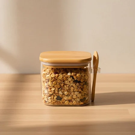 600 ml Bambu Kapaklı ve Kaşıklı Kare Cam Kavanoz, Vakumlu Ahşap Kapaklı Baharatlık, Kendinden Kaşık Yuvalı Şeker, Kahve ve Banyo Tuzu Saklama Kabı