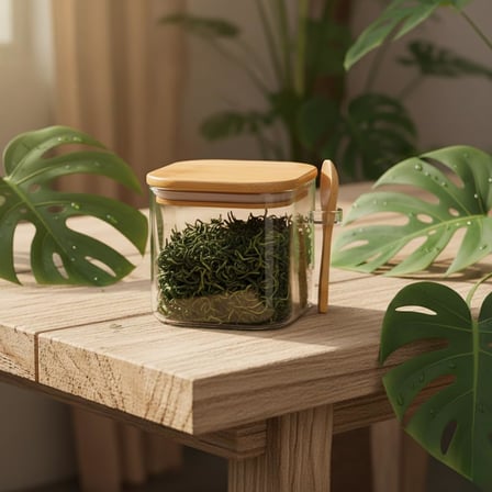 600 ml Bambu Kapaklı ve Kaşıklı Kare Cam Kavanoz, Vakumlu Ahşap Kapaklı Baharatlık, Kendinden Kaşık Yuvalı Şeker, Kahve ve Banyo Tuzu Saklama Kabı