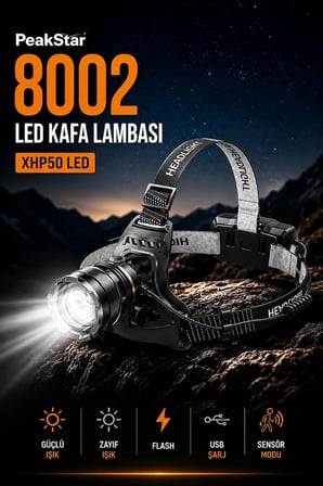 PeakStar Ps-8002 Sensörlü Zoomlu Profesyonel 3000 Lümen Xhp50 Led Usb'li Şarjlı Kafa Lambası