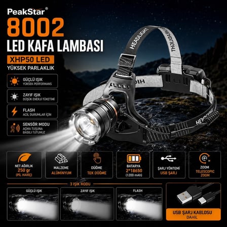 PeakStar Ps-8002 Sensörlü Zoomlu Profesyonel 3000 Lümen Xhp50 Led Usb'li Şarjlı Kafa Lambası