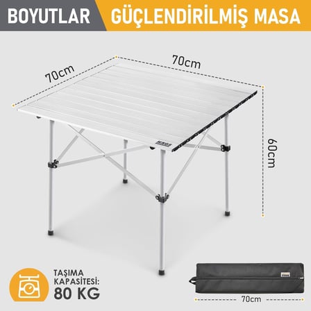 Kamp Masası, Güçlendirilmiş Alüminyum Katlanabilir Outdoor Masa, Piknik Masası, Menteşeli Sistem, Dayanıklı Sağlam Gövdeli Kamp Masası, Taşınabilir Hafif, 3-4 Kişilik, 70x70x60cm Gümüş