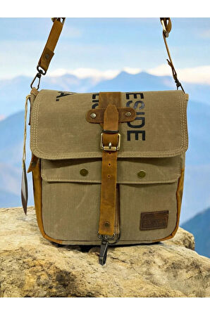 Vintage Baskılı Su Geçirmez Kanvas Deri Unisex Postacı Omuz Çantası 29 cm x 30 cm