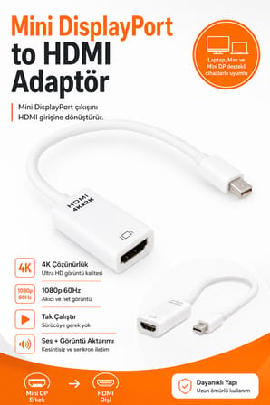 Mini DisplayPort HDMI Adaptör Çevirici 4K 1080p 60Hz Laptop Mac Monitör TV Projektör Uyumlu